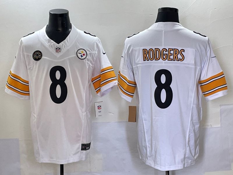 Men 2025 Pittsburgh Steelers 8 Rodgers White Three generations Nike Limited NFL Jersey style 3
